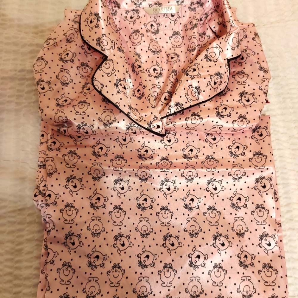 La SENZA Pink Satin Pajama Top with Black Trim and Cute Face Print